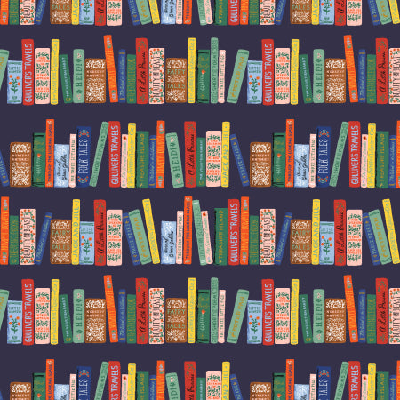 Curio by Rifle Paper Co : Book Club in Navy Metallic : Cotton and Steel