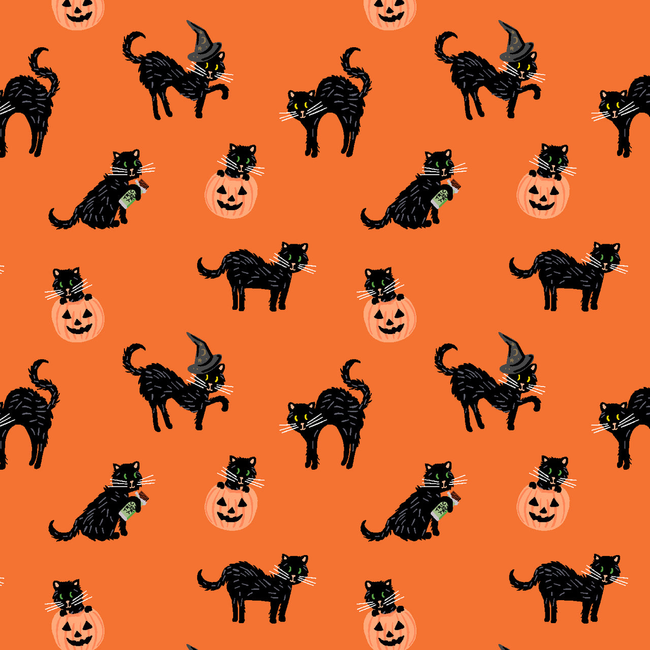 Halloween by Rifle Paper Co : Black Cat in Orange Metallic : Cotton and Steel