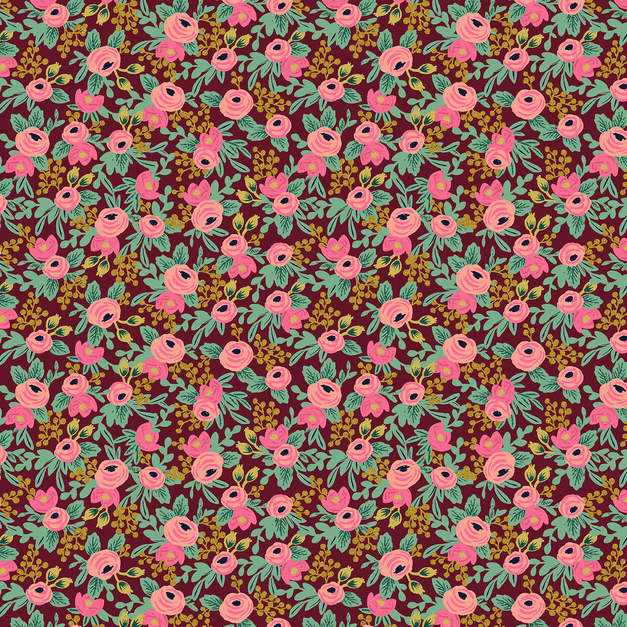 Garden Party by Rifle Paper Co : Rosa in Burgundy Metallic : Cotton and Steel