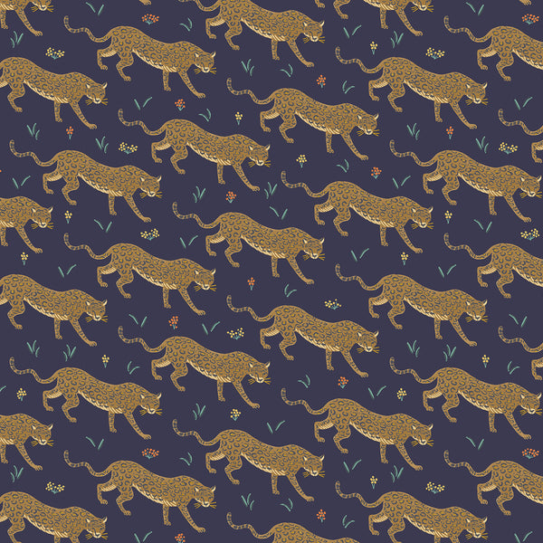 Camont by Rifle Paper Co : Jaguar in Navy Metallic : Cotton and Steel