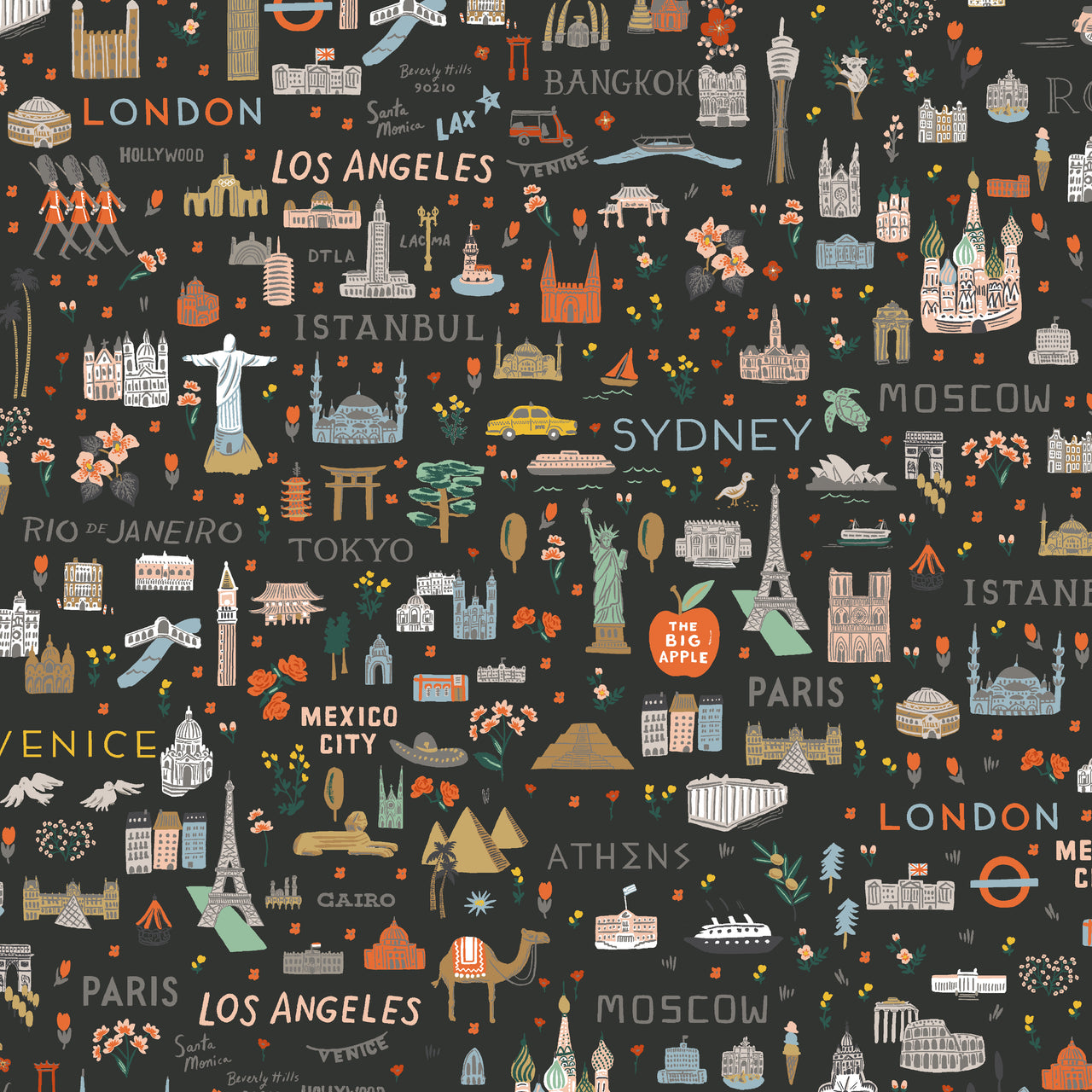 Bon Voyage by Rifle Paper Co : World Traveler in Black : Cotton and Steel