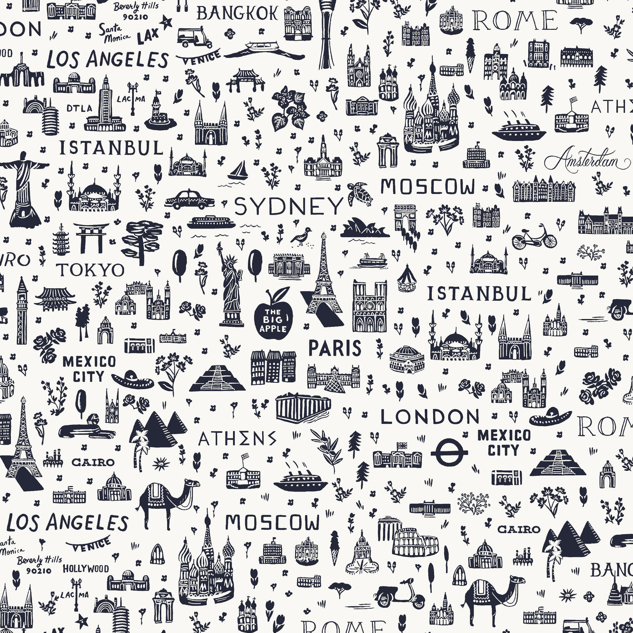 Bon Voyage by Rifle Paper Co : World Traveler Silhouette in Navy : Cotton and Steel