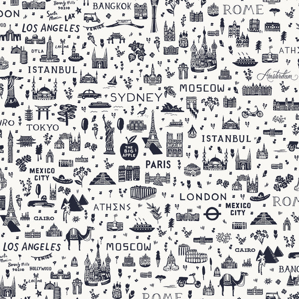 Bon Voyage by Rifle Paper Co : World Traveler Silhouette in Navy : Cotton and Steel