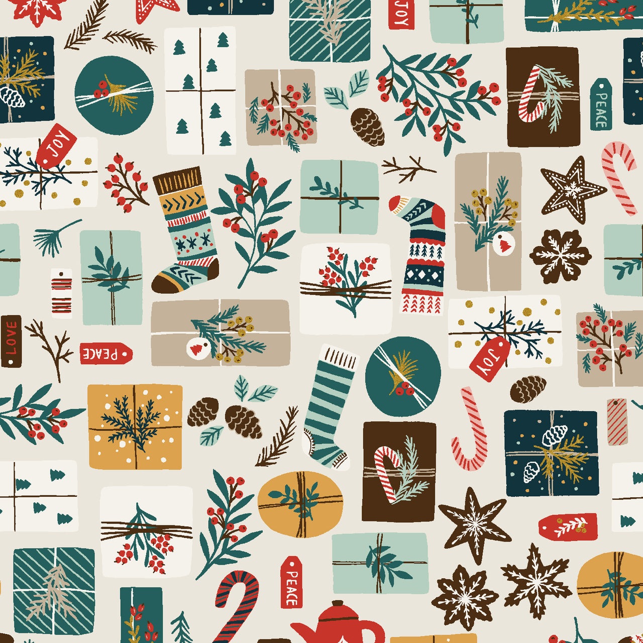 Merry Memories by Yuan Xu : Opening Presents in Ivory Metallic : RJR Fabrics