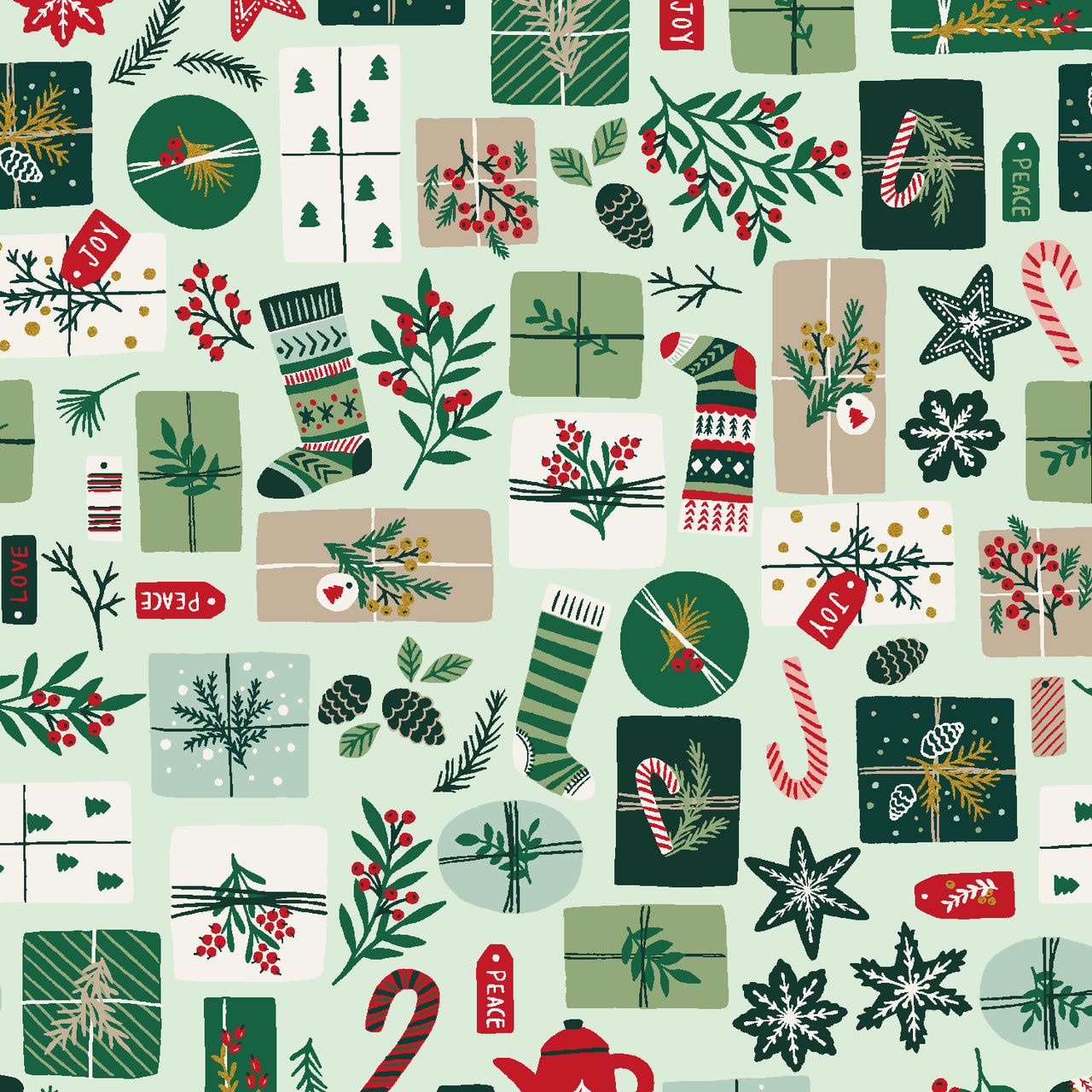 Merry Memories by Yuan Xu : Opening Presents in Mint Green Metallic : RJR Fabrics