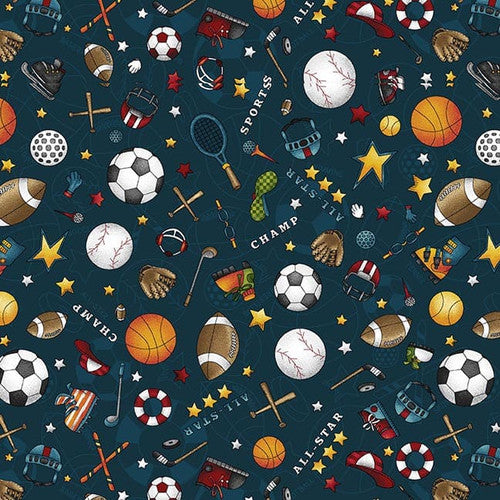 I Love Sports by Leanne Anderson and Kaytlyn Kuebler : Sports Balls in Navy : Henry Glass