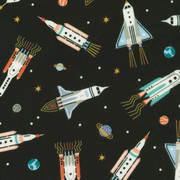 Astrobots Flannel : srkf-23027-2 Black : Robert Kaufman