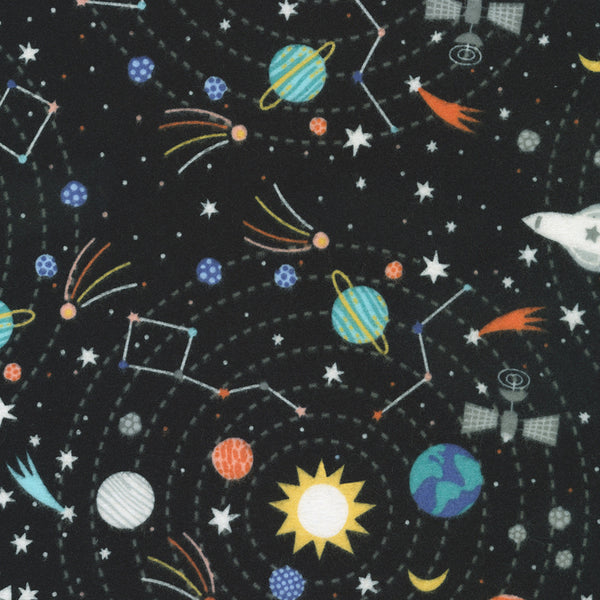 Astrobots Flannel : srkf-23028-2 Black : Robert Kaufman