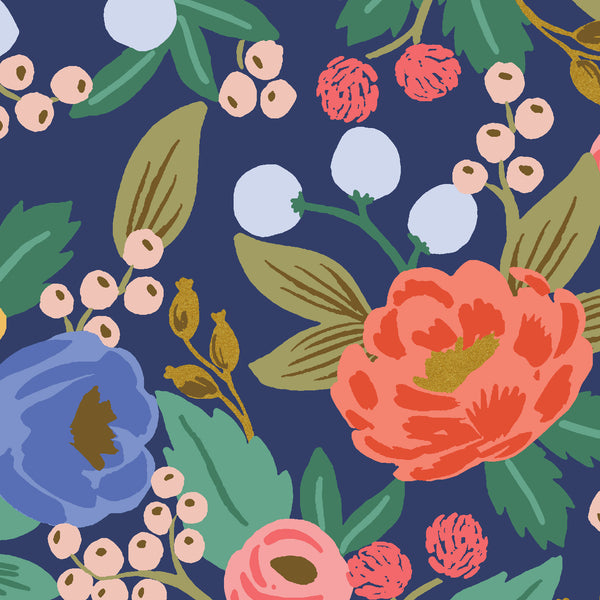 Vintage Garden by Rifle Paper Co : Vintage Blossom in Blue Metallic : Cotton and Steel : Canvas