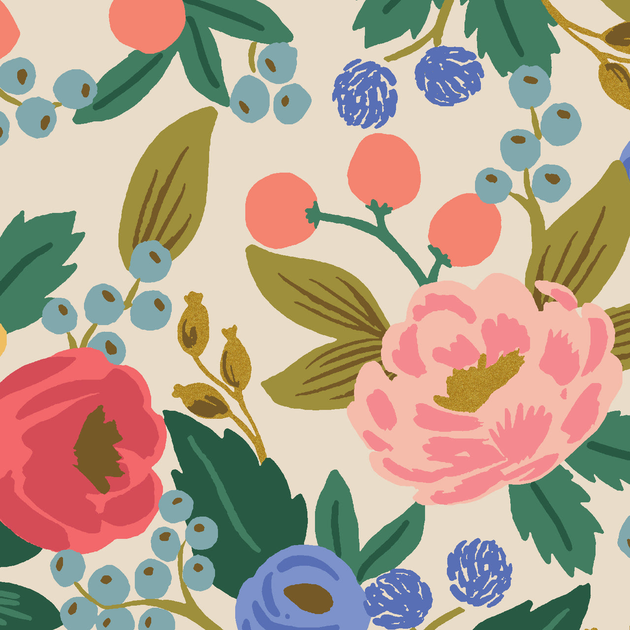 Vintage Garden by Rifle Paper Co : Vintage Blossom in Cream Metallic : Cotton and Steel : Canvas
