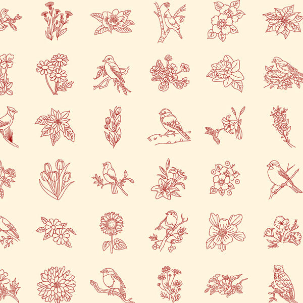 Redwork Gatherings by Primitive Gatherings : 49110-11 Red : Moda : Panel