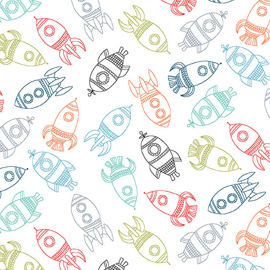 Outer Space by Makower : Rockets in White : Andover