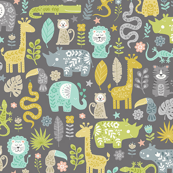 Baby Safari by Makower UK : Montage in Gray : Andover