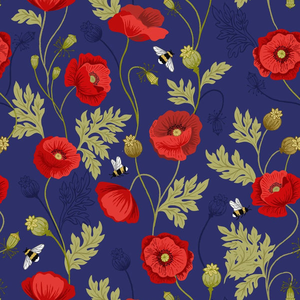 Poppies : Poppy + Bee on Blue : Lewis and Irene