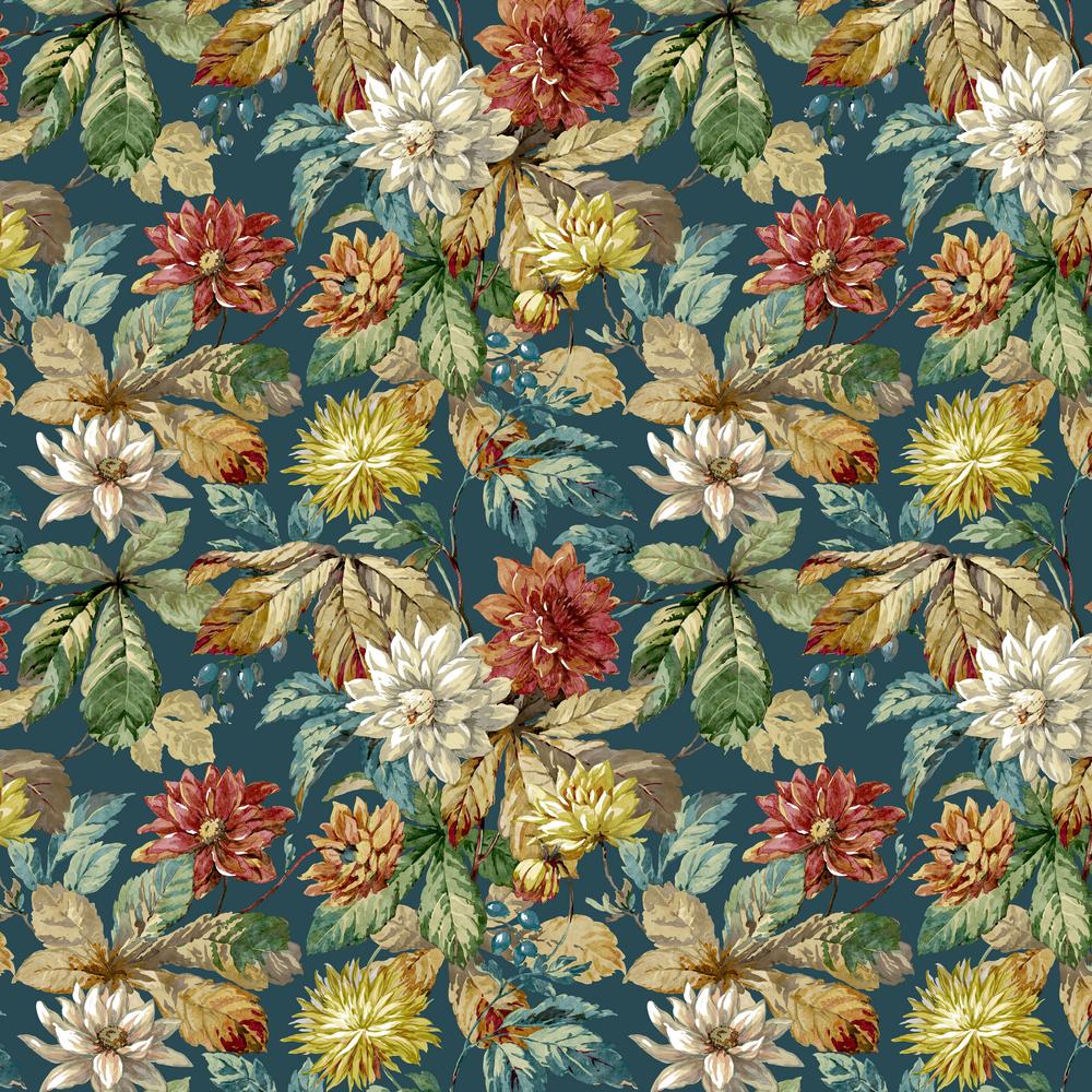 Woodland Blooms by Sanderson : Small Dahlia & Rosehip in Forest : Free Spirit