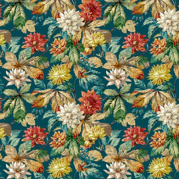 Woodland Blooms by Sanderson : Small Dahlia & Rosehip in Forest : Free Spirit