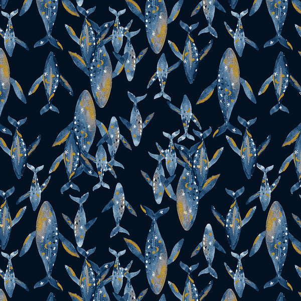 Cosmic Sea by Jessica Zhao of Calli & Co : Golden Whale in Deep Ocean Metallic : Cotton and Steel