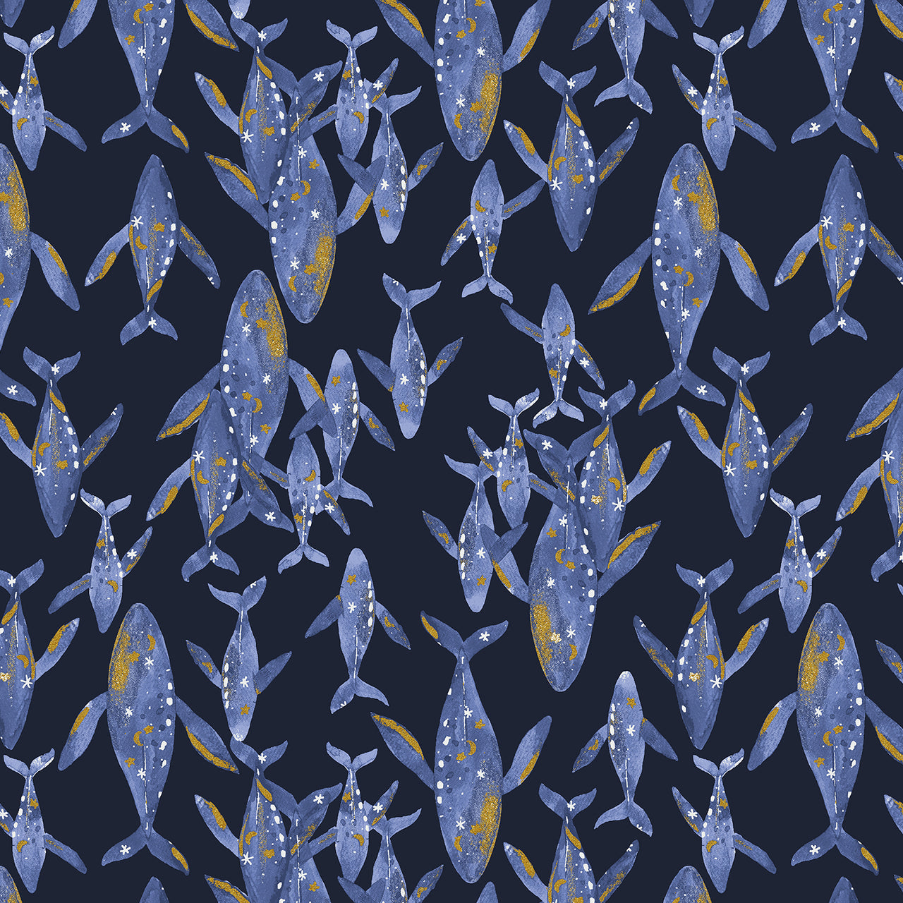 Cosmic Sea by Jessica Zhao of Calli & Co : Golden Whale in Great Depths Metallic : Cotton and Steel