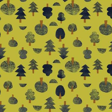 Neko and Tori by Itsuko Naka : Tiny Trees in Avocado : Cotton and Steel