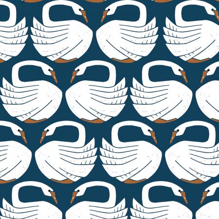 On a Spring Day by Loes van Oosten : Loving Swans in Navy : Cotton and Steel : Canvas