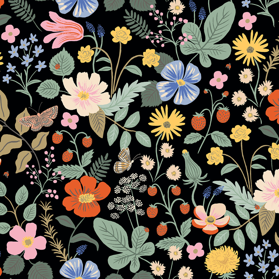 Strawberry Fields by Rifle Paper Co : Strawberry Fields in Black : Cotton and Steel : Rayon