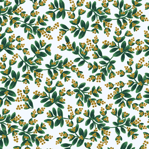 Holiday Classics by Rifle Paper Co : Mistletoe in White Metallic : Cotton and Steel