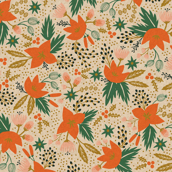 Holiday Classics by Rifle Paper Co : Poinsettia in Cream Unbleached Metallic : Cotton and Steel : Canvas