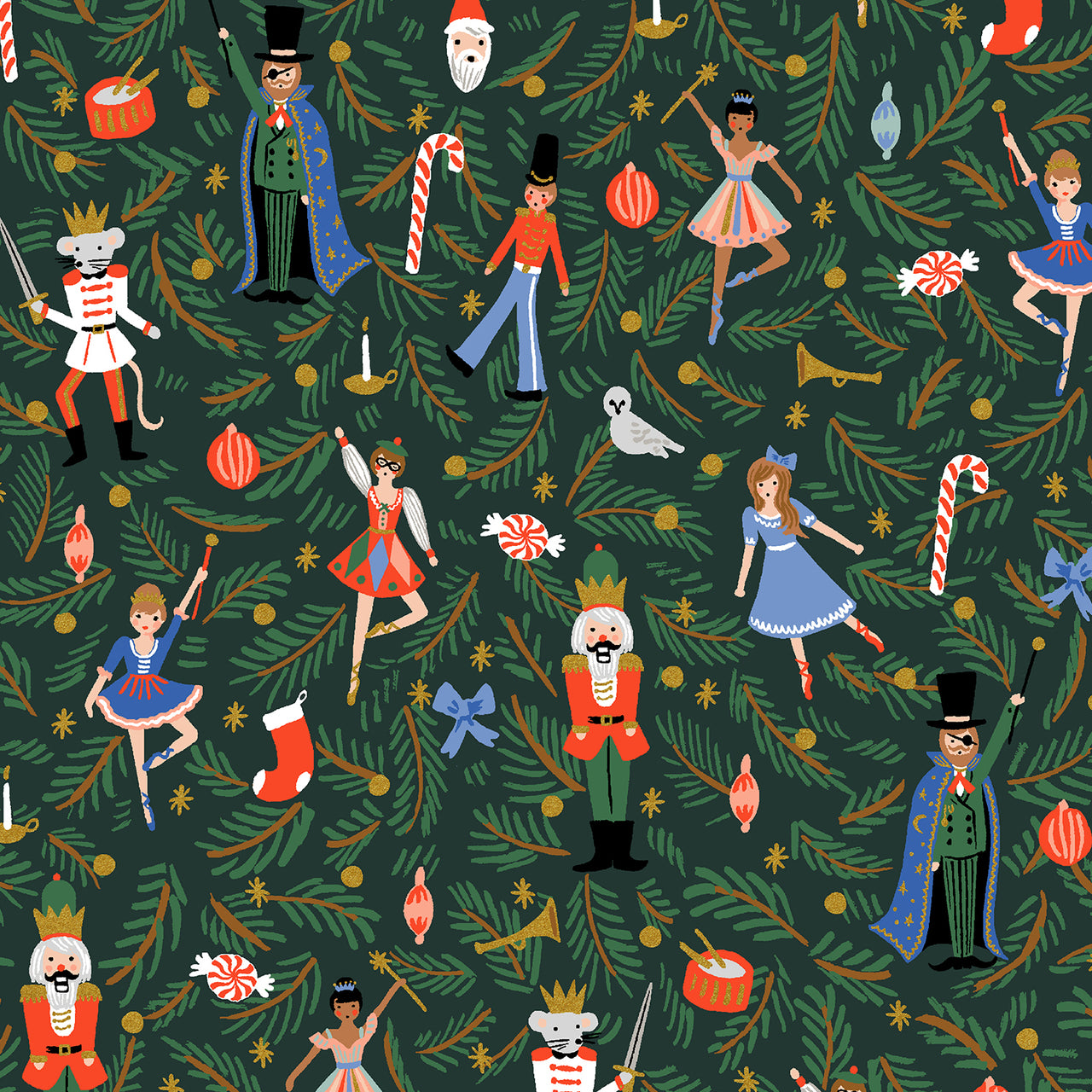 Holiday Classics by Rifle Paper Co : Nutcracker in Evergreen Metallic : Cotton and Steel : Canvas