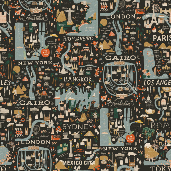 Bon Voyage by Rifle Paper Co : City Guide in Black Unbleached : Cotton and Steel : Canvas
