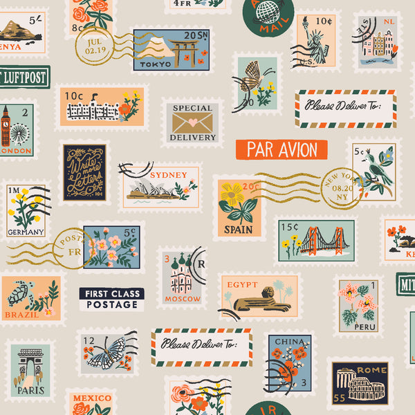 Bon Voyage by Rifle Paper Co : Postage Stamps in Flax Metallic : Cotton and Steel