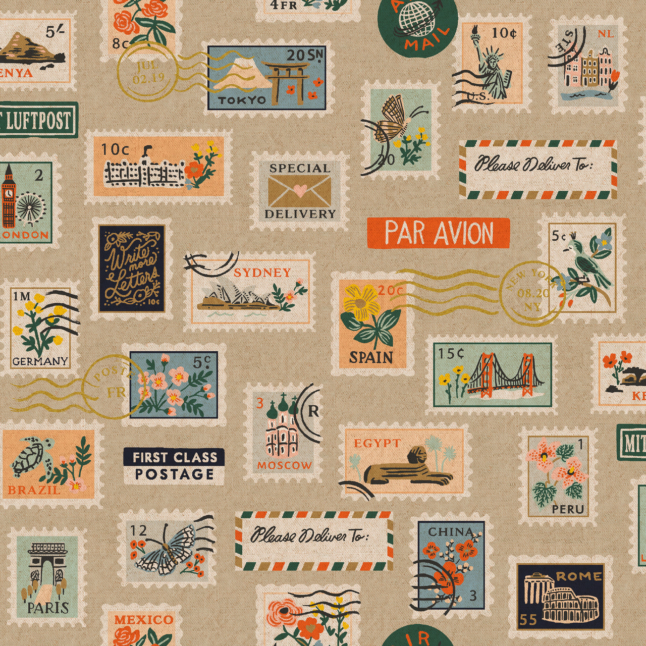 Bon Voyage by Rifle Paper Co : Postage Stamps in Natural Unbleached Metallic : Cotton and Steel : Canvas