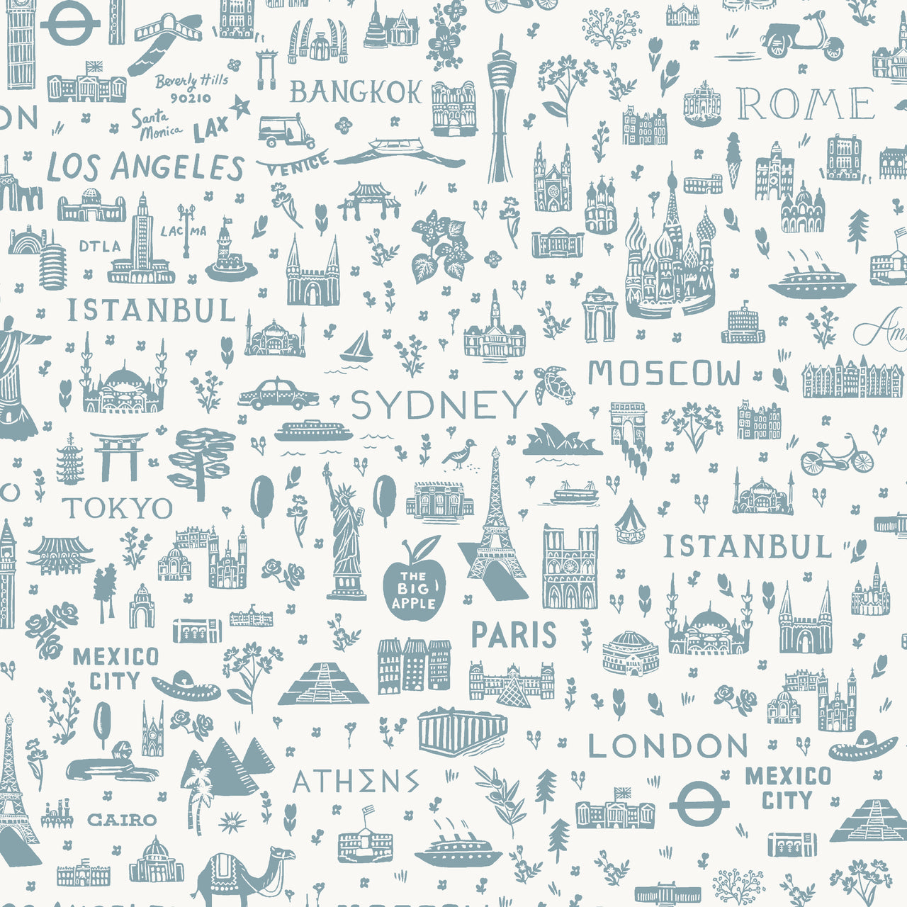 Bon Voyage by Rifle Paper Co : World Traveler Silhouette in Blue : Cotton and Steel
